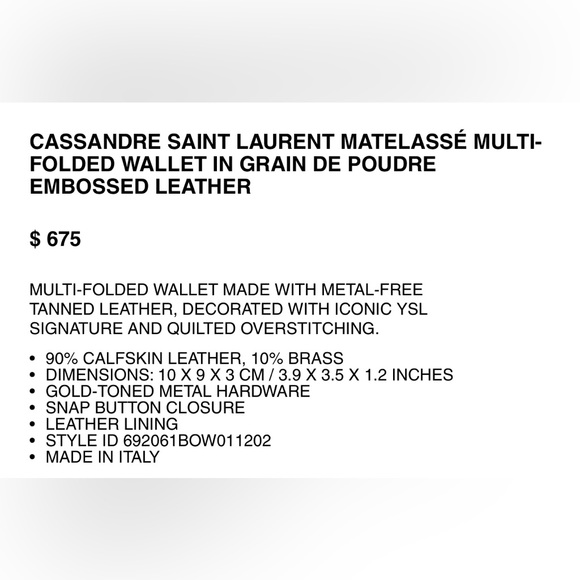 Saint Laurent Monogram Cassandre Matelasse Compact Tri Fold Wallet - Picture 12 of 12